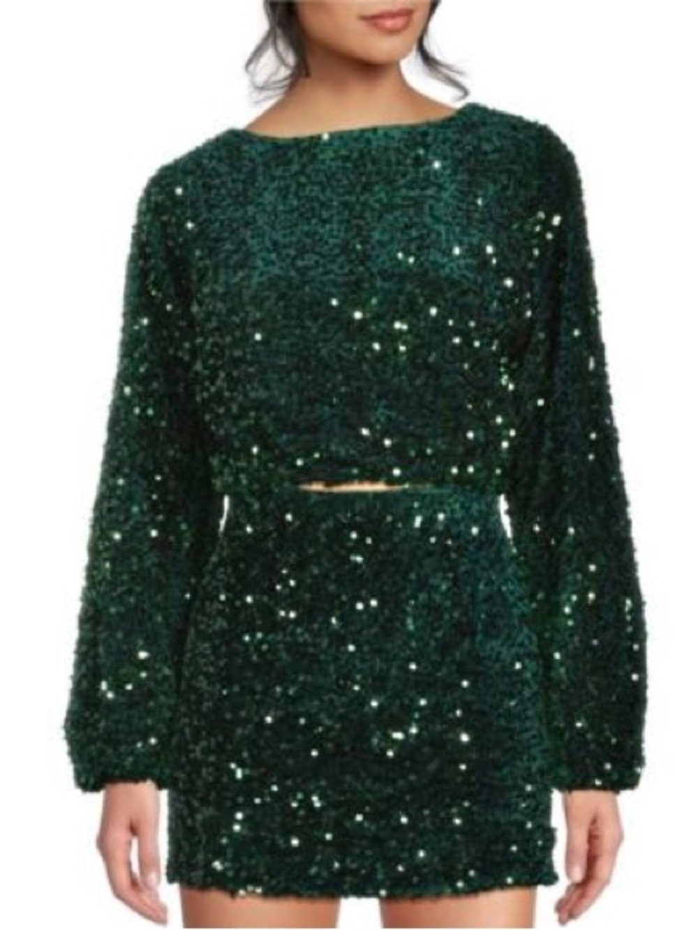 Evolutionary Hunter Forest Green Sequin Long Sleeve Crop Top